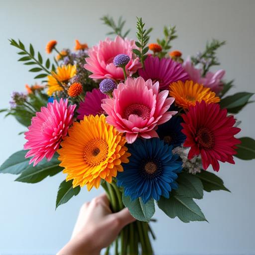 Ein moderner, asymmetrischer Blumenstrauß in leuchtenden Farben.