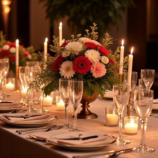 Detailreiche Tischdekoration für ein Gala-Dinner.