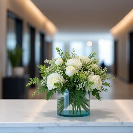 Elegantes Gesteck am Empfangstresen eines Unternehmens.