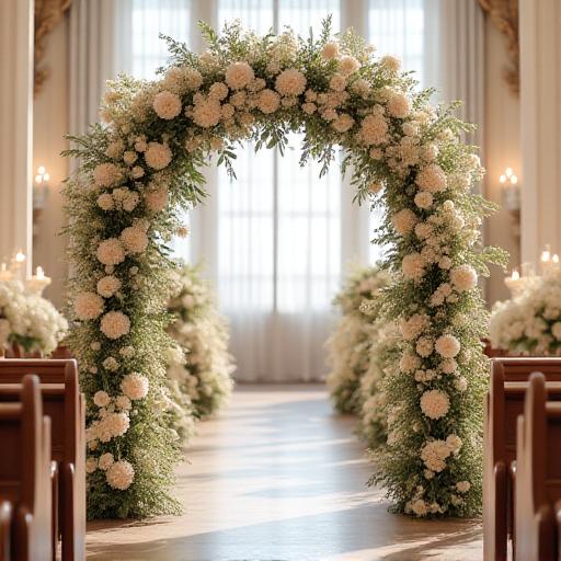 Große florale Installation bei einer Hochzeitszeremonie.