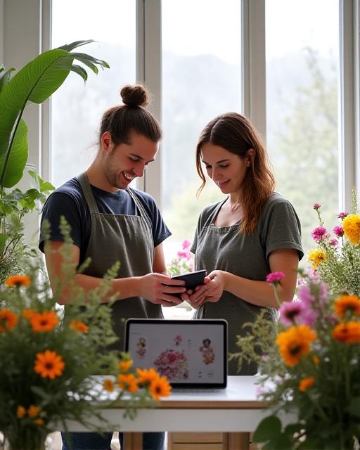 Die Gründer von Nordlicht Blüte in ihrem modernen Atelier, umgeben von Blumen und Technologie.