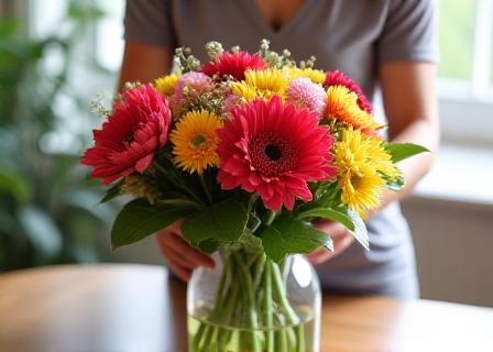 Eine Person arrangiert frische Blumen aus einem Abonnement in einer Vase.