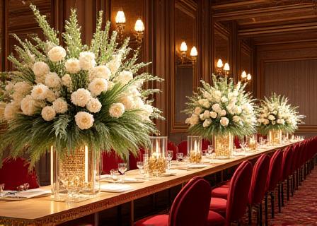 Ein festlich dekorierter Saal mit üppigem Blumenschmuck auf den Tischen.