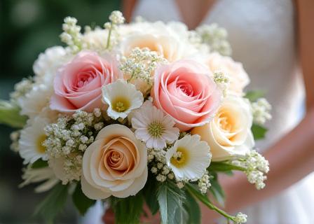 Detailaufnahme eines maßgeschneiderten Hochzeitsbouquets.